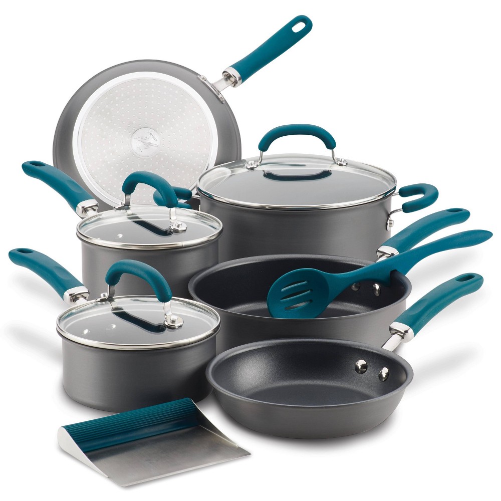 Rachael Ray Create Delicious 11pc Hard Anodized Nonstick Cookware Set Teal Handles