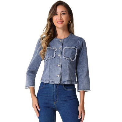 Allegra K Women's Cropped Denim Jacket 3/4 Sleeves Frayed Casual Collarless Jean Jackets