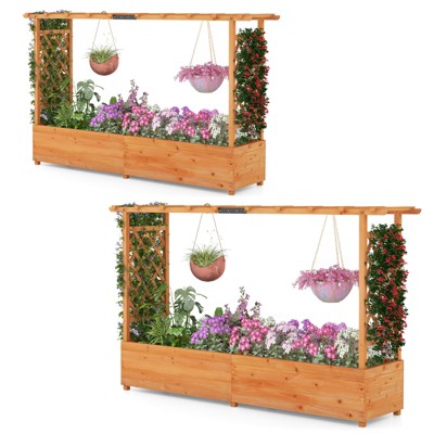 Tangkula 1pc/2pcs Raised Garden Bed with Trellis Wood Elevated with Hanging Roof  Planter Box Drainage Holes for Climbing Plants Flowers Vegetables