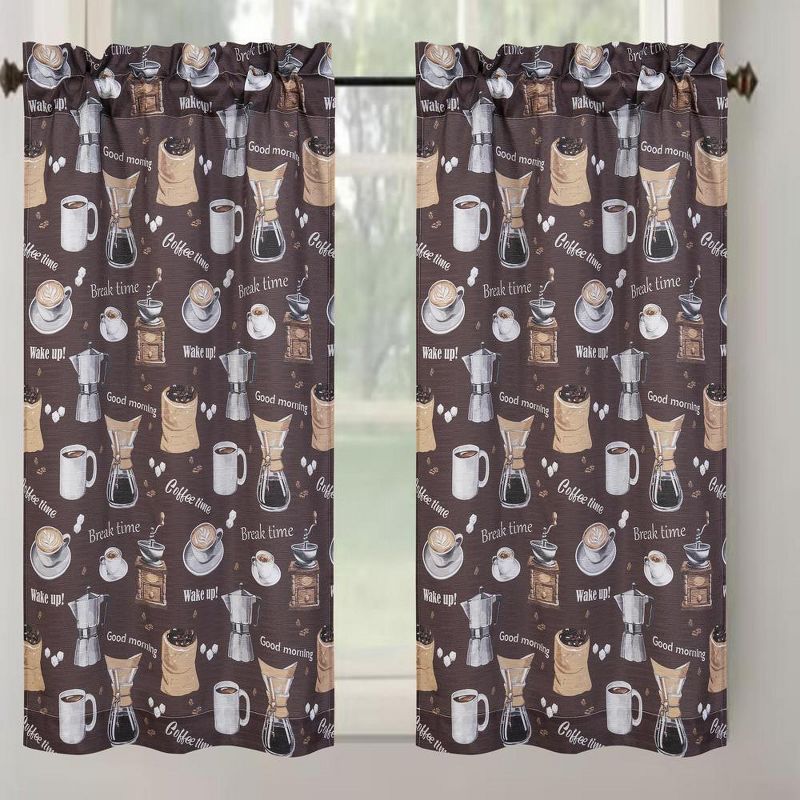 RT Designer's Collection Coffee Printed Slub 3 Pieces Kitchen Curtain Includes 1 Valance 52" x 18" and 2 Tiers 26" x 36" Each Multi Color, 3 of 5