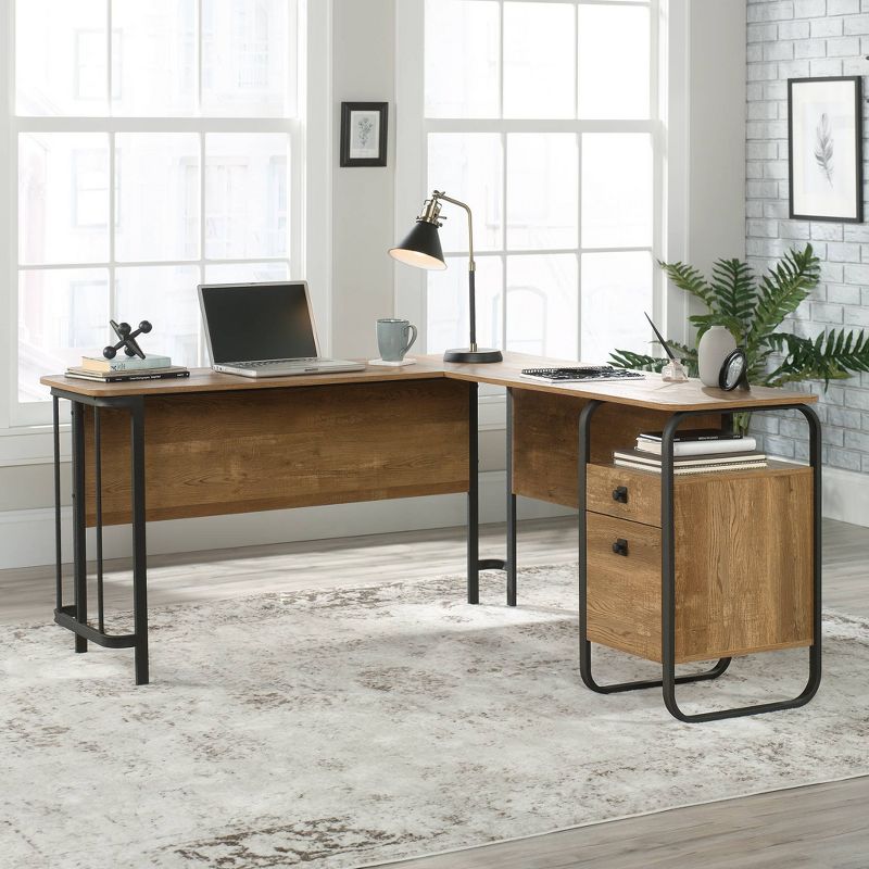 Station House L-Shape Desk Etched Oak - Sauder: Rustic Industrial Style, Metal Frame, Laminate Surface, Cord Management Grommets, File Storage, 3 of 9