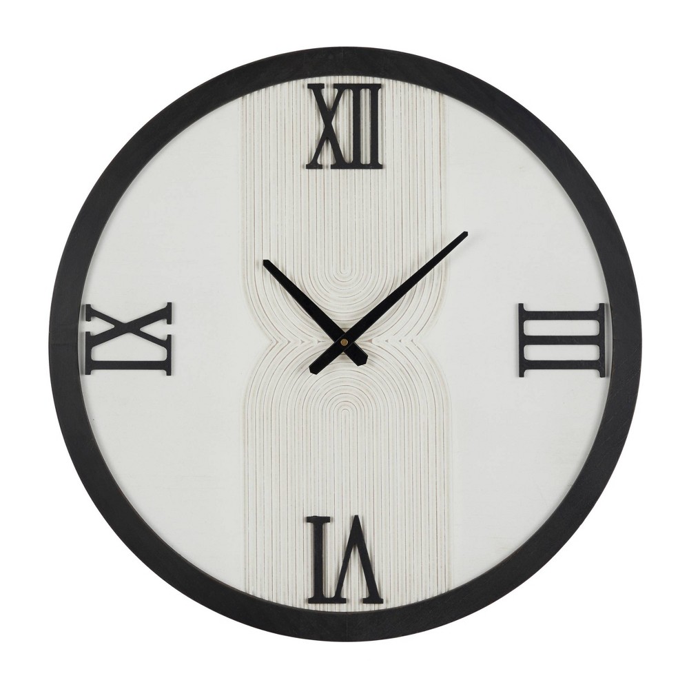 Photos - Wall Clock Novogratz 24"x24" Wood Geometric Art Deco Inspired Line Art  with Black Accents White : Round, Analog, Indoor Deco