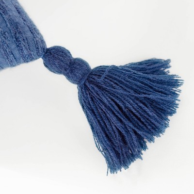 Navy Blue Cotton Woven Throw Pillow with Tassels