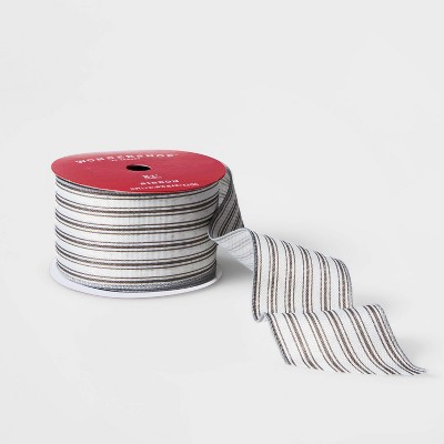 2.5" Faux Linen Stripe Ribbon Gray & White 21ft - Wondershop™