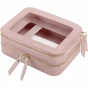 Waterproof Double Layer Cosmetic Bag – Portable Clear Travel Pouch Pearlescent Pink, Gold Zipper - 1 of 4