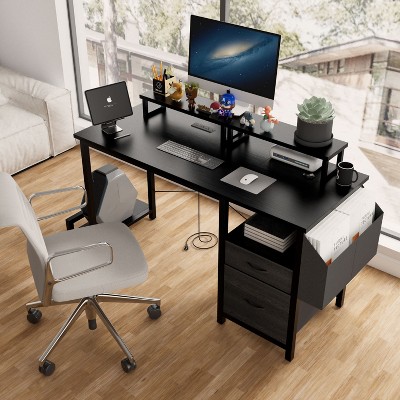 KTMBDW 47” L Desk with Power Outlet, Computer Gaming Desk with File Drawer & Monitor Stands for Home Office with Storage Shelves
