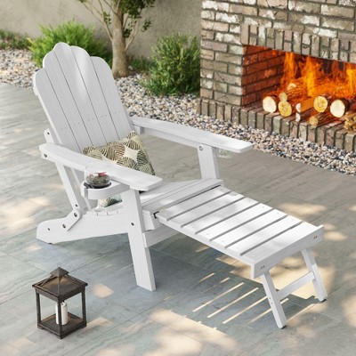Sonkuki Folding Adirondack Chair with Retractable Ottoman, Fire Pit Patio Chair with Cup Holder Lawn Outdoor Lounge Chair