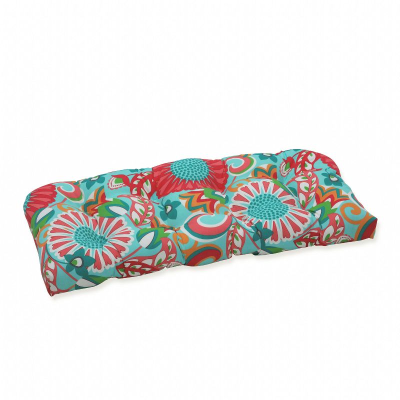 Sophia Wicker Outdoor Loveseat Cushion Turquoise/Coral - Pillow Perfect, 1 of 6