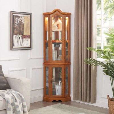 Lyngins Classical Glass Corner Display Cabinet with 4 Adjustable Tempered Glass Shelves, Built-in Lighting, Accent Cabinet Curio Cabinet
