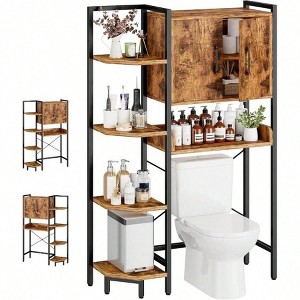 Tier Over Toilet Storage Cabinet with Magnetic Doors, Freestanding Above Toilet Shelf, Rustic Brown, Heavy Duty, Adjustable Feet - 1 of 4