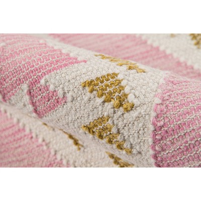 Handmade Pink Geometric Wool Area Rug with Fringe