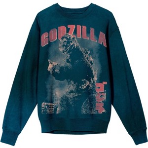 Godzilla Vintage Art Crew Neck Long Sleeve Dark Cyan Mineral Wash Adult Sweatshirt - 1 of 3