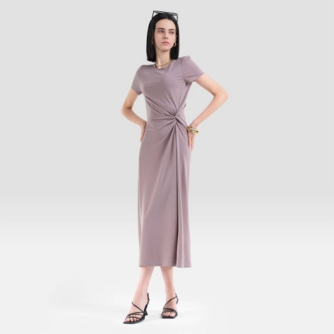 Женские платья A New Day Women's Short Sleeve Soft Knit Ruched Waist Midi T-Shirt Dress - A New Day™ Taupe S