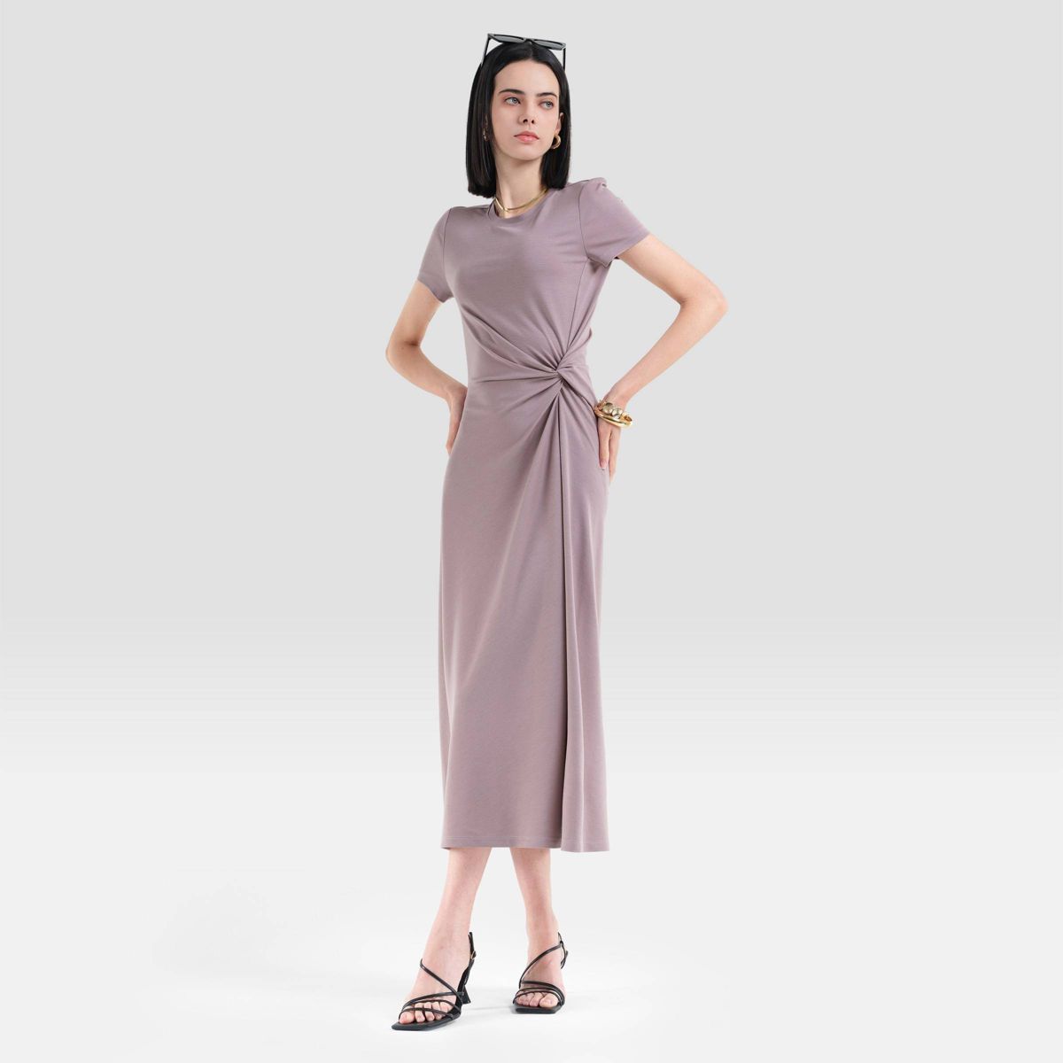 Women's Short Sleeve Soft Knit Ruched Waist Midi T-Shirt Dress - A New Day™ - thumbnail 6