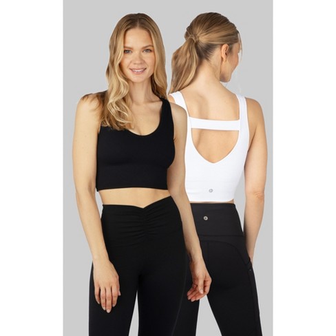 90 Degree By Reflex Womens 2 Pack Ribbed Seamless Bianca Strappy Back  V-Neck Cropped Tank - Black/White - Small