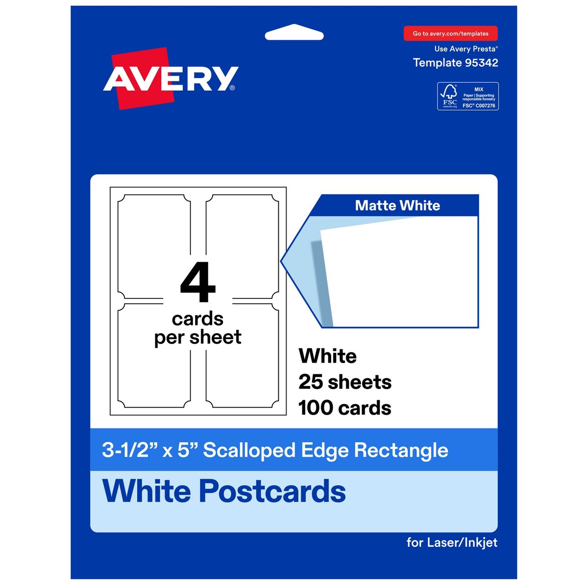 Avery White Postcards, 3-1/2" x 5" Rectangle Scalloped Edge