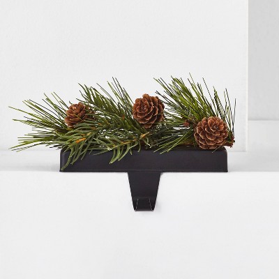 Greenery Stocking Holder with Pinecones Black Base with Nail head Hook - Wondershop™