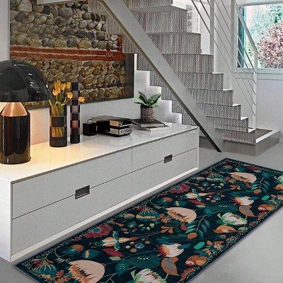 Floral Birds Washable Area Rugs, Boho Large Soft Non-Slip Vintage Bedroom Dining Room Rug, Low Pile Carpet for Kids Playroom Nursery