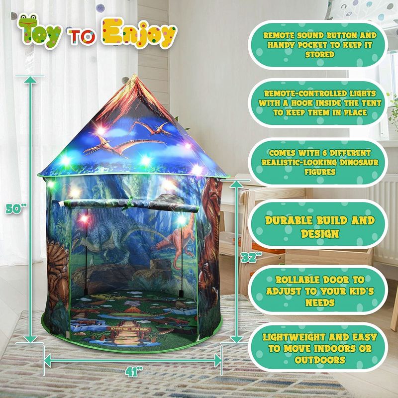 Toy To Enjoy Dinosaur Pop-Up Play Tent with Remote Controlled Lights, Dinosaur Roar Sound Button, and 6 Dinosaur Figure Toys for Boys and Girls, 3 of 9