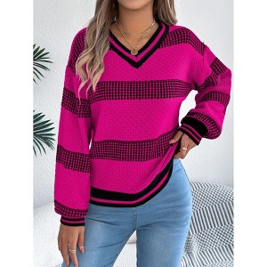 Coolmee Women's Striped Tunic Sweaters Casual V Neck Long Sleeve Color Block Knit Pullover Jumper Tops - 1 of 4
