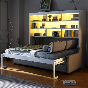 Whisen Wood Queen Size Murphy Cabinet Bed with Folding Sofa,Built-in Storage Shelves and LED Light - 1 of 4