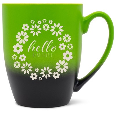 Elanze Designs Flower Wreath Hello Beautiful 12 Ounce Ceramic Laser-Etched Engraved Drinkware Mug, Green and Black Ombre