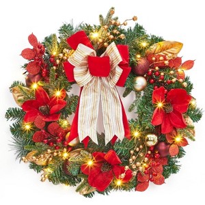 24'' Artificial Pre-Lit Christmas Wreaths with 20 LED Lights & 8 Modes, Pine Needles, Red Berries, Accent Decor for Winter Holiday Home Apartment - 1 of 4