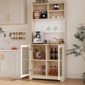 Kitchen Pantry Cabinet, Wooden Tall Sideboard Buffet Cabinet with Microwave Stand, Pegboard and Hutch, for Dining Room or Living Room - 1 of 4