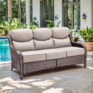 6" Thick Cushion Outdoor Wicker Patio Sofa, All Weather Wicker Outdoor Furniture 3-Seater Sofa High Back Patio Couch for Porch Balcony - 1 of 4