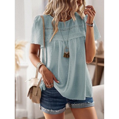 Womens Casual Short Sleeve Round Neck Lace Trim Loose Fit Blouse