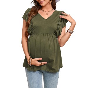 Womens Maternity Tops Shirts Ruffle Short Sleeve V Neck T Shirts Summer Casual High Waist Tops Pregnancy Tunic Blouse - 1 of 4