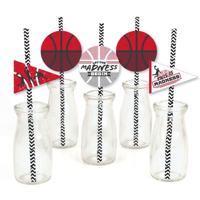Big Dot of Happiness Red Basketball - Let The Madness Begin - Paper Straw Decor - College Basketball Party Striped Decorative Straws - Set of 24