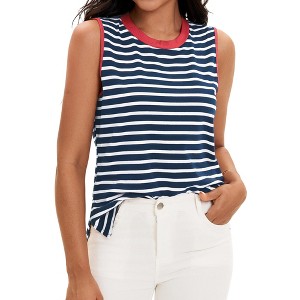 ATHLECHIC Women's Striped Color Block Side Slits Crew Neck Casual Sleeveless Shirts - 1 of 4