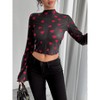 Women's Heart Sheer Mesh Long Sleeve Top Elastic Skinny Crop Turtleneck T-Shirts Flare Sleeve Beach Tops - 4 of 4
