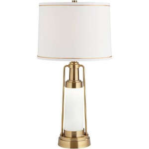 Franklin Iron Works Annie Modern Table Lamp 28 3/4" Tall Brass with Nightlight LED White Linen Drum Shade for Bedroom Living Room Bedside Nightstand - 1 of 4