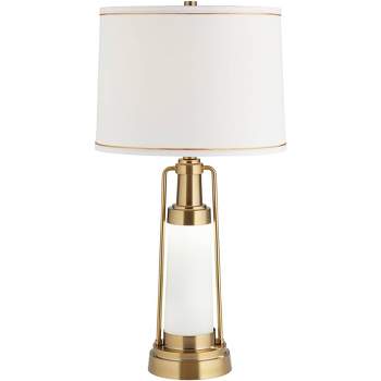 Franklin Iron Works Annie Modern Table Lamp 28 3/4" Tall Brass with Nightlight LED White Linen Drum Shade for Bedroom Living Room Bedside Nightstand