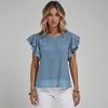 Knit & Lounge Women’s Pom Trim Ruffle Sleeve Blouse Lightweight Textured Woven Fabric Casual Summer Top - 3 of 4