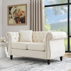 58.8-Inch Velvet Chesterfield Sofa, 2-Seater Tufted Couch with Rolled Arms & Nailhead for Living Room - Includes Two Pillows - 1 of 4