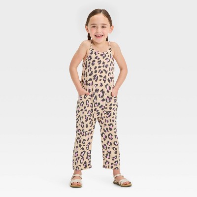 Image of Grayson Mini Toddler Girls' French Terry Knit Leopard Printed Jumpsuit - Beige 5T