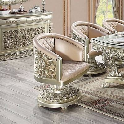 Antique Gold Floral Faux Leather Dining Chair with Wood Base