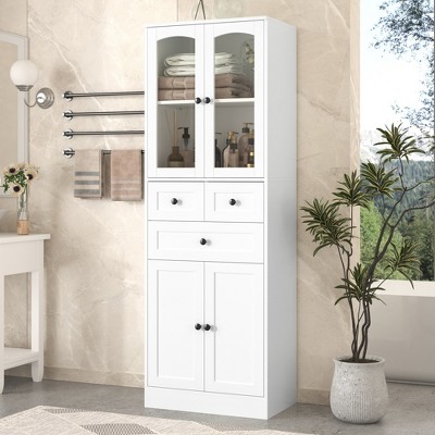 Whisen Verticle White Bathroom Storage Cabinet, Cabinet with Doors, Drawers and Adjustable Shelf