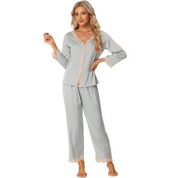 cheibear Women's Satin Lounge Sleepwear Night Suits V Neck Lace Trim Pajama Sets