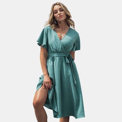 Women's Belted Flare Sleeve Midi Dress - Cupshe-m-turquoise : Target