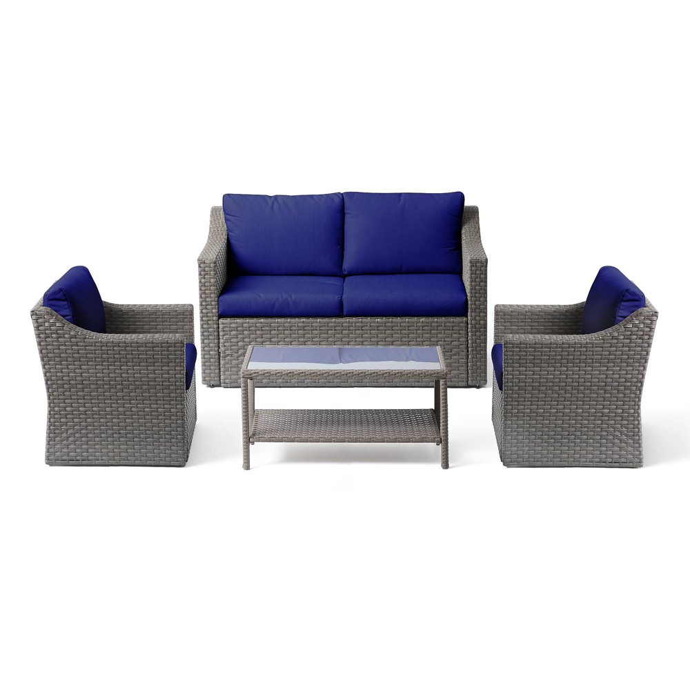 Bensen 4pc Traditional Outdoor Rattan Conversation Set Navy Gray New Heights