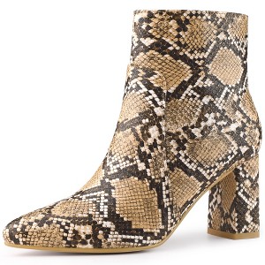 Allegra K Women's Pointed Toe Snake Print Side Zipper Chunky Heel Ankle Boots - 1 of 4
