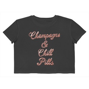 Rerun Island Women's Champagne And Chill Pills Luxury Paradise With A Side Of Chaos Short Sleeve Graphic Cotton Cropped Loose T-shirt - Caviar 1X - 1 of 4