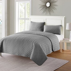FIONECA Nina Embossed Basketweave Reversible Quilt Set Light Blue Machine Washable Year-Round Bedding - 1 of 4