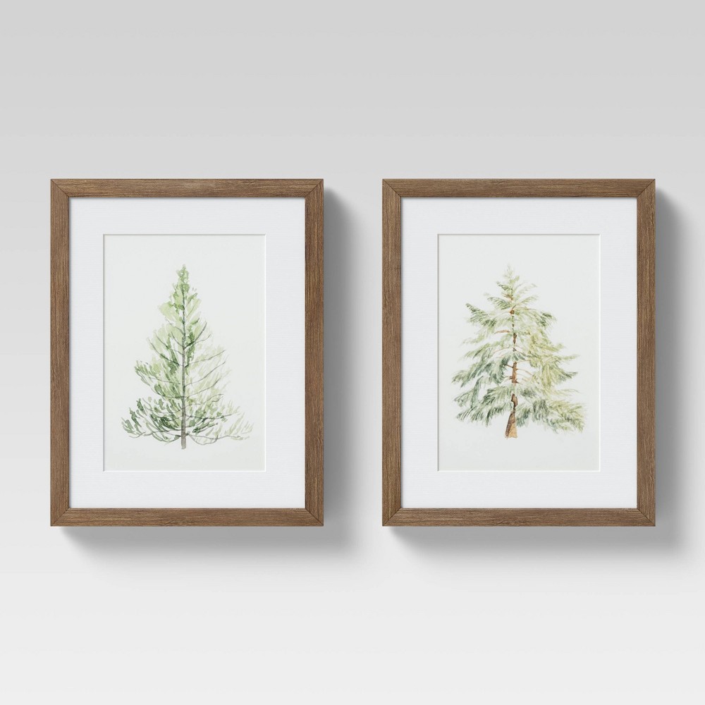 (Set of 2) 11" x 14" Snowy Trees Framed Wall Art Green - Threshold