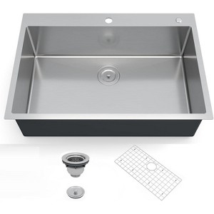 Drop-In Kitchen Sink, 16-Gauge 304 Stainless Steel Single Bowl with Drainboard, 10" Deep, Includes Bottom Grid & Drain Assembly - 1 of 4