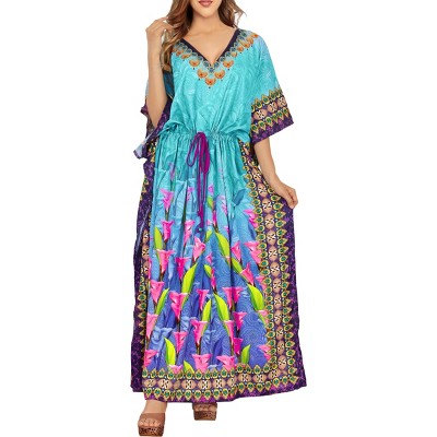 HAPPY BAY Women's House Daily Routine Evening Wear Maxi Slit Dresses Caftan Dashiki Casual Long Cover up Caftans for Women Plus One Size Blue,Floral
